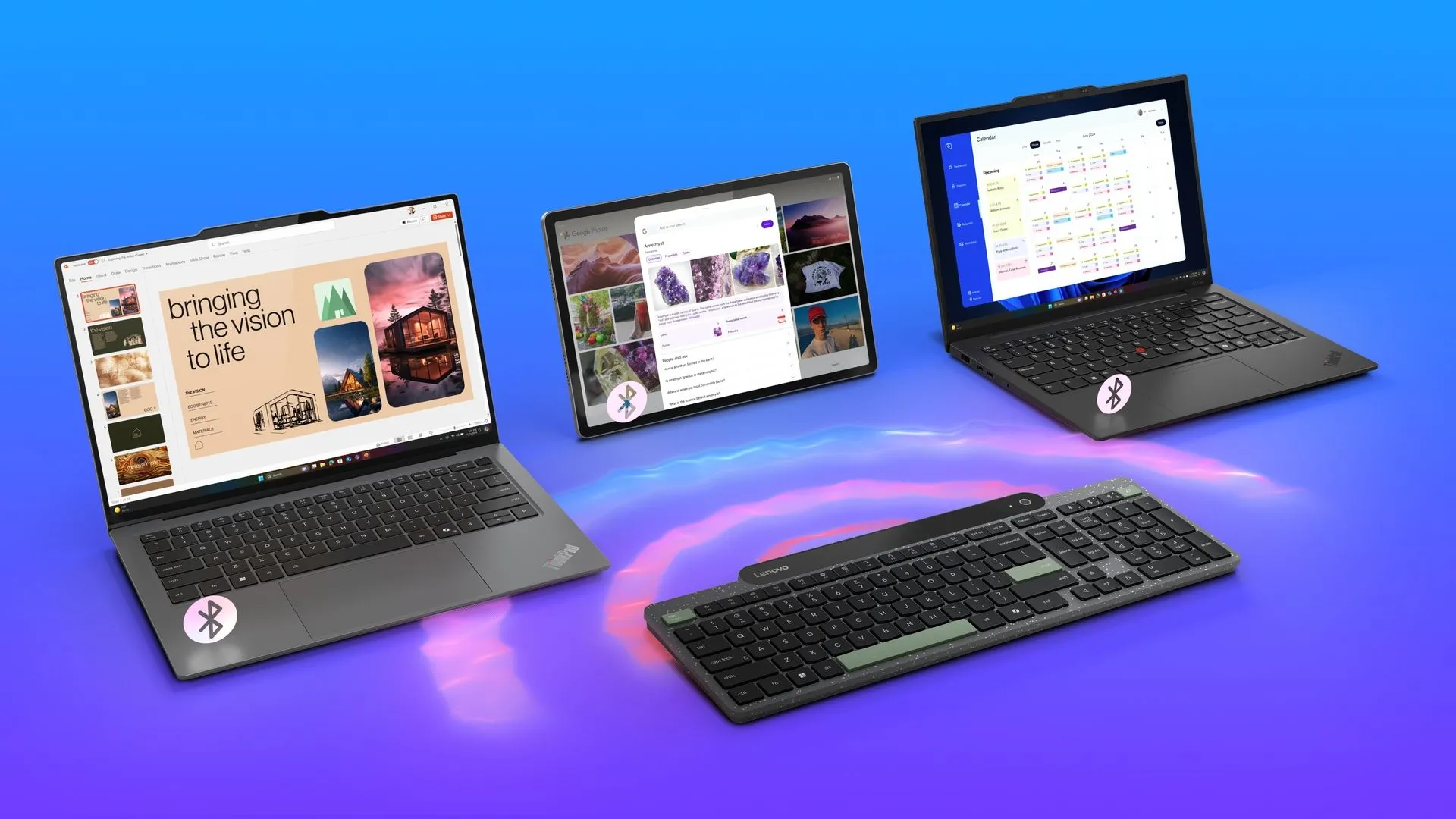 Minh họa bàn phím Bluetooth tự sạc Lenovo 800 kết nối với ba thiết bị cùng lúc