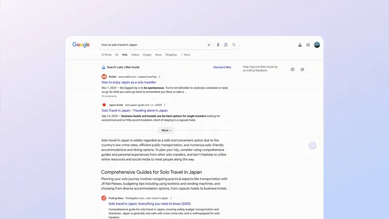Minh họa hoạt động của Google Web Guide, sắp xếp kết quả tìm kiếm du lịch Nhật Bản theo chủ đề như đồ dùng, lịch trình và mẹo văn hóa.