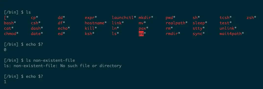 Minh họa lệnh ls trả về mã thoát 0 khi thành công và 1 khi thất bại trong terminal Linux