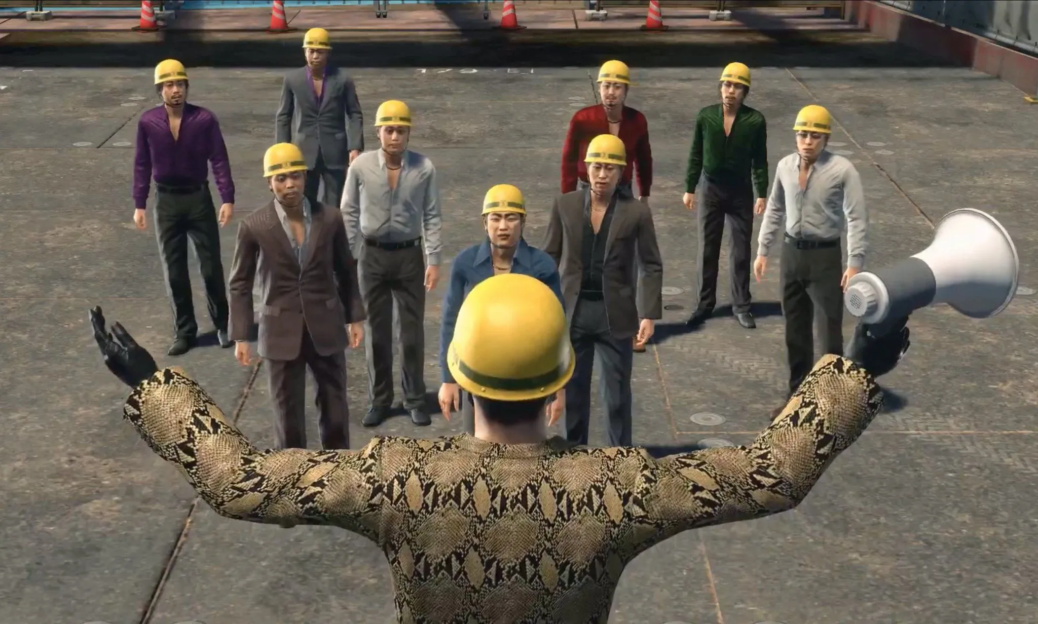 Minigame Majima Construction trong Yakuza Kiwami 2 với Majima đang chỉ đạo xây dựng.