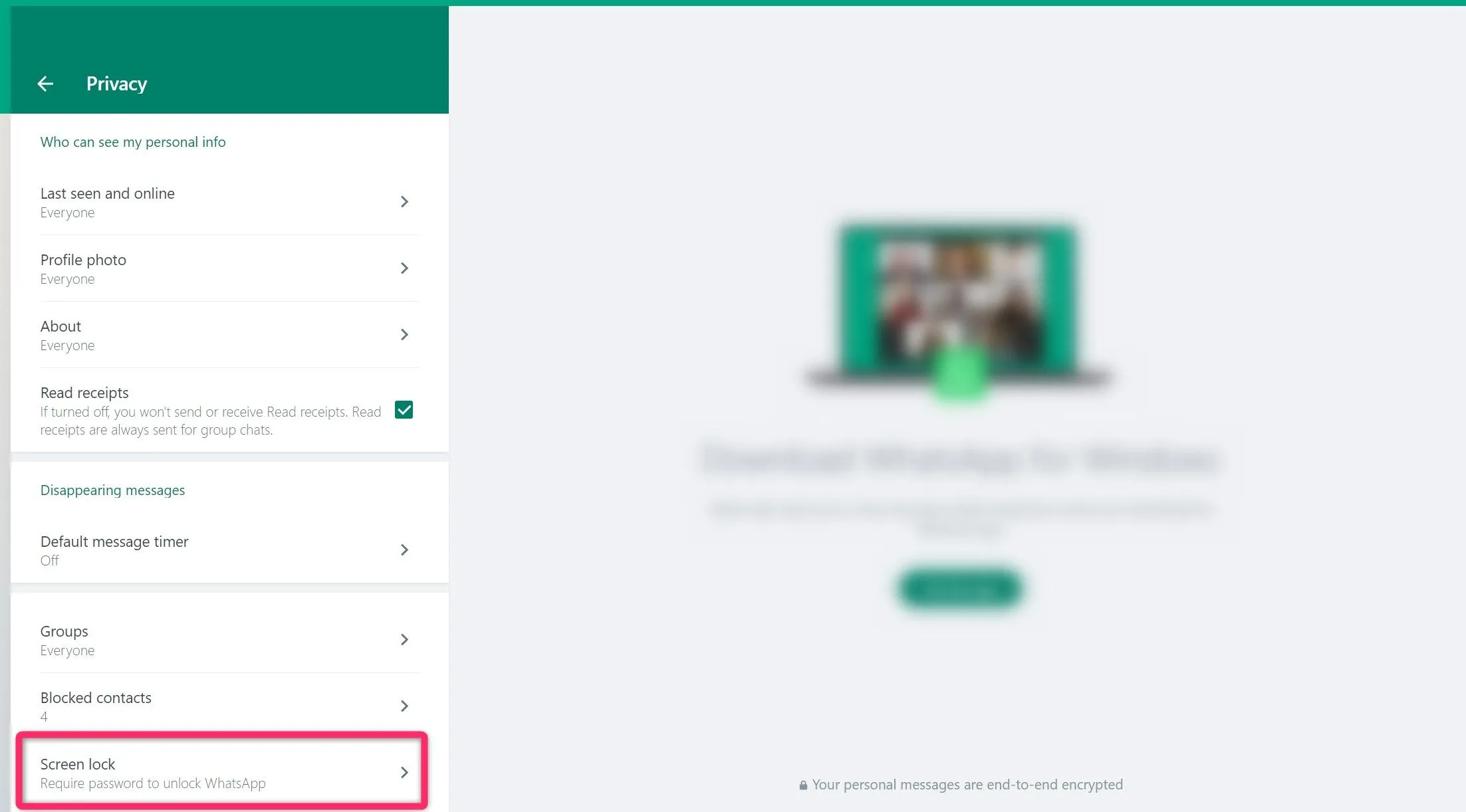 Mở cài đặt Quyền riêng tư và chọn Khóa màn hình để quản lý bảo mật WhatsApp Web.