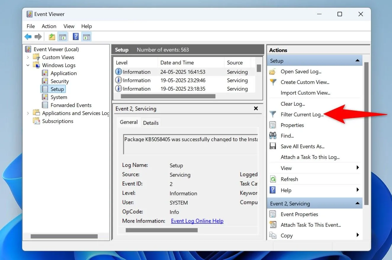 Mở Event Viewer và chọn bộ lọc nhật ký hiện tại để xem lịch sử khởi động lại PC