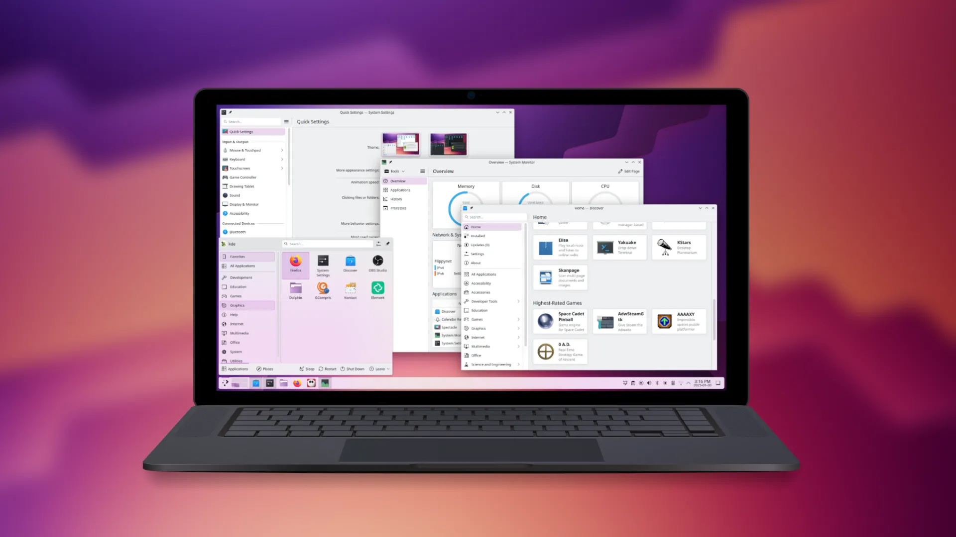 Môi trường desktop KDE Plasma trên máy tính xách tay với hình nền gradient tím vàng, so sánh với GNOME trên Steam Deck.