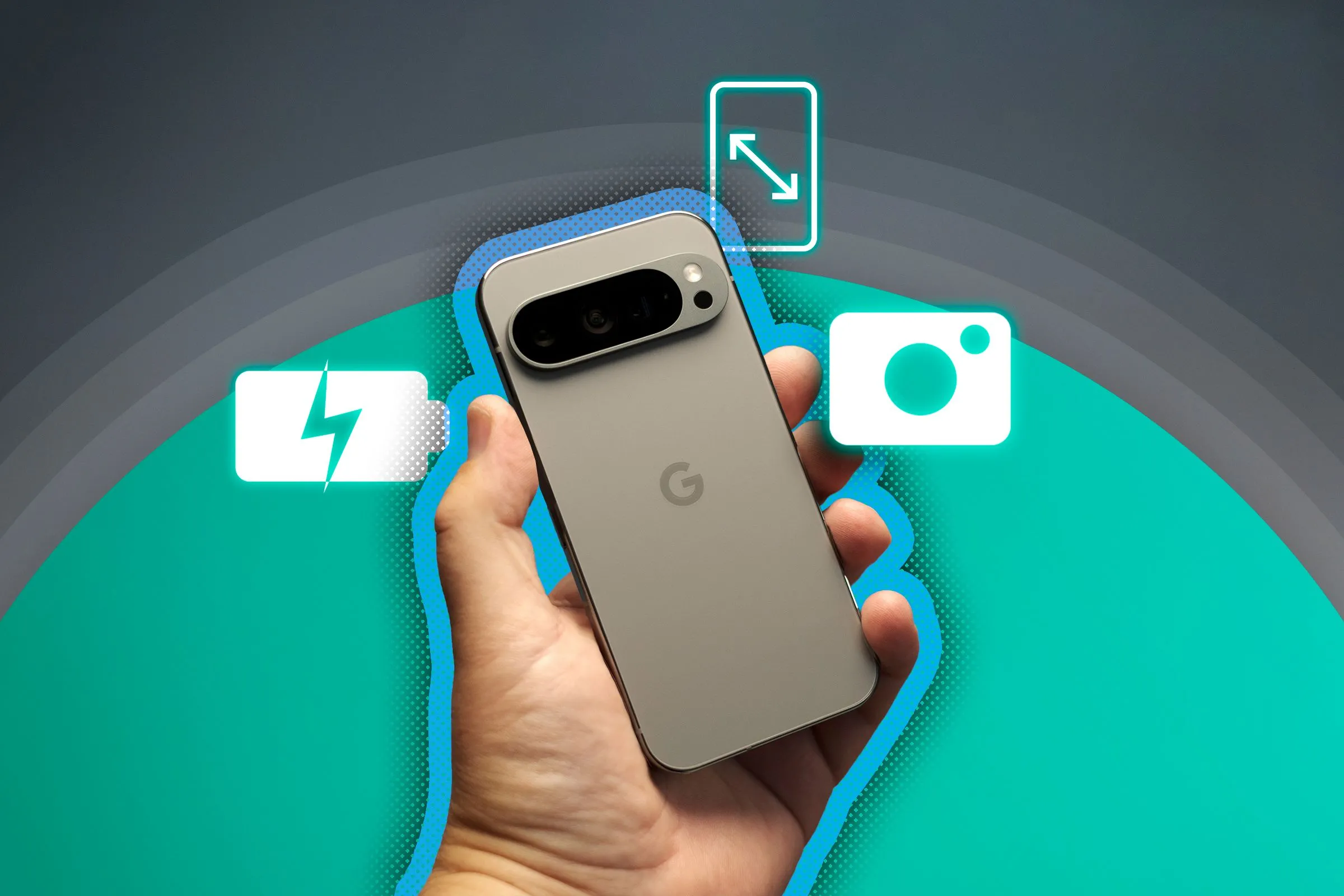Một bàn tay đang cầm điện thoại Google Pixel 9 Pro, làm nổi bật các đặc điểm về pin, camera và kích thước màn hình.