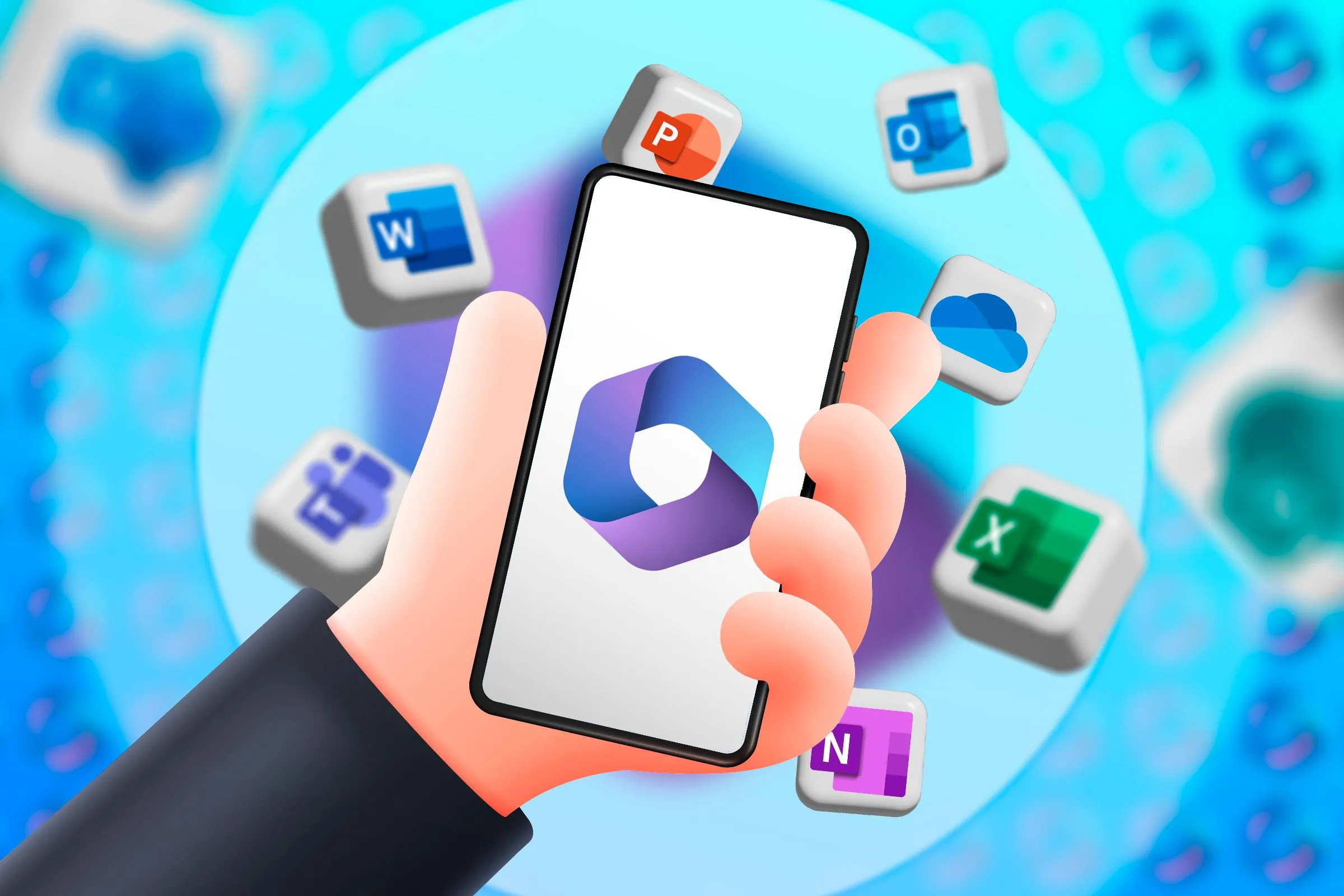 Một bàn tay đang cầm điện thoại hiển thị logo Microsoft 365 và các biểu tượng ứng dụng Office xung quanh, tượng trưng cho việc tích hợp AI Copilot