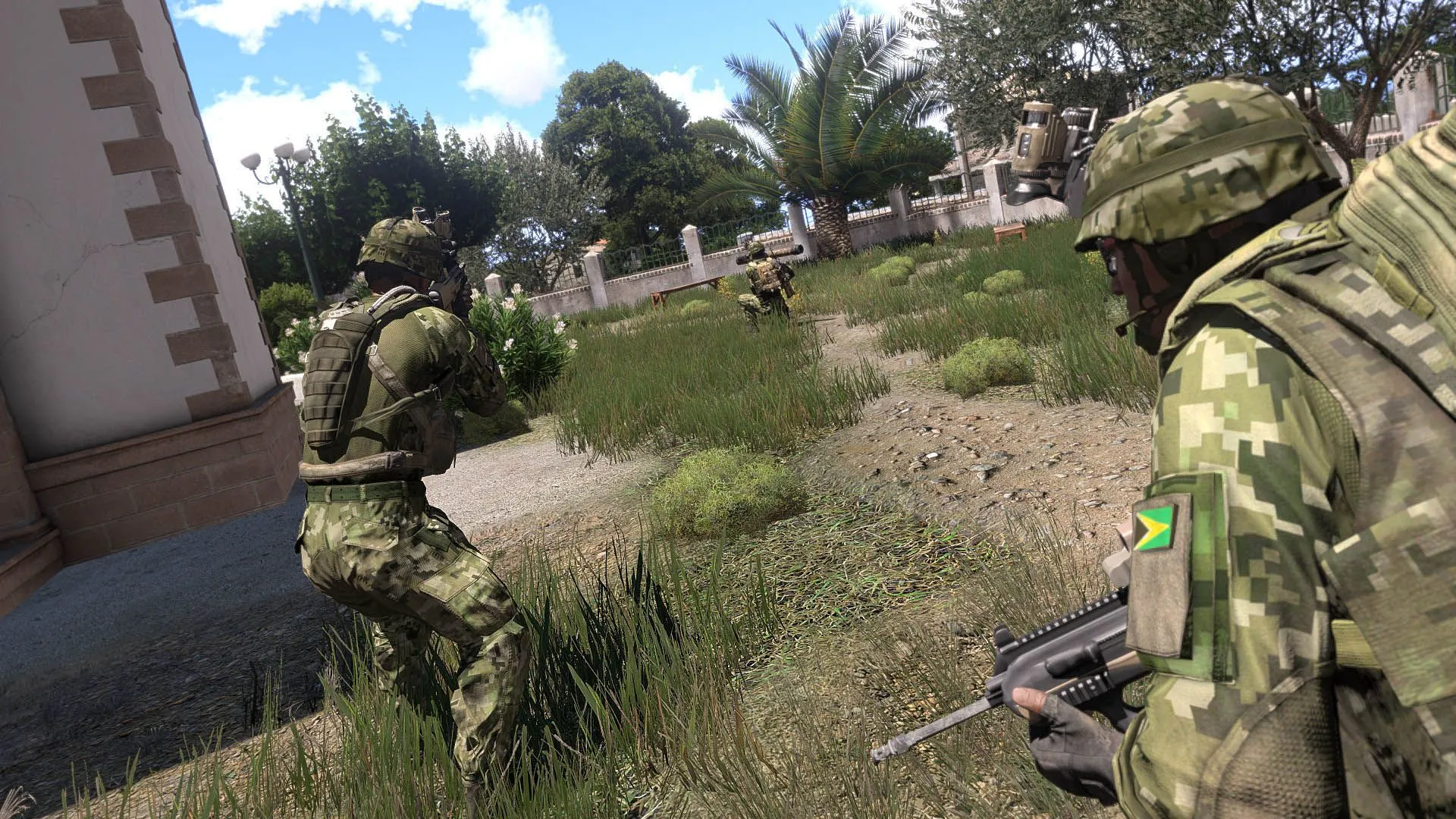 Một cảnh chiến đấu quân sự chân thực trong game Arma 3, với nhiều binh lính và phương tiện trên chiến trường rộng lớn.