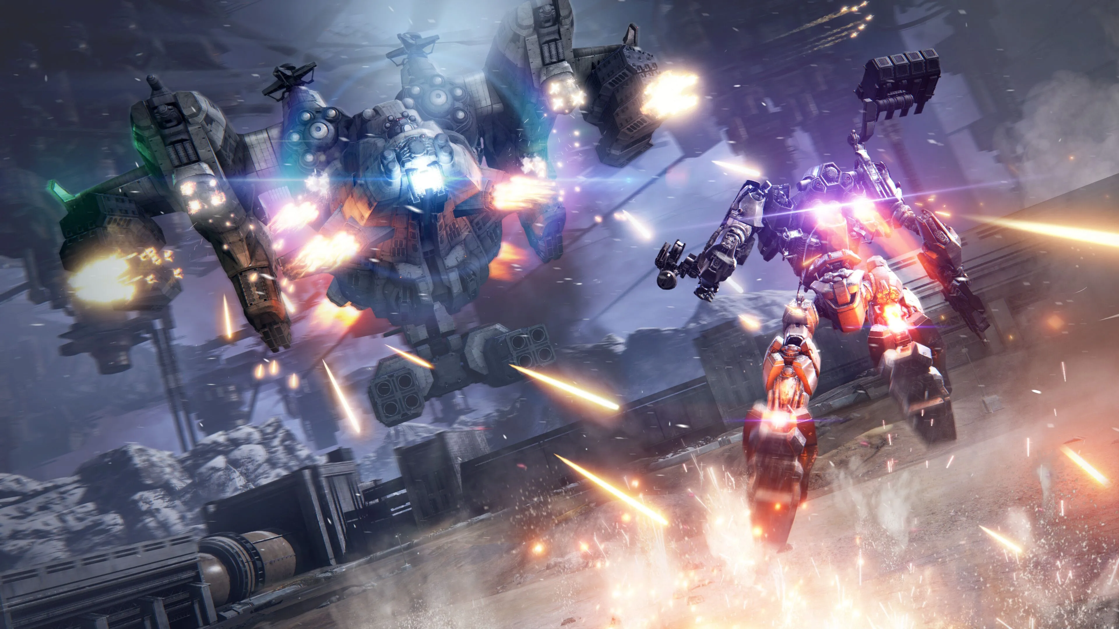 Một cảnh chiến đấu tốc độ cao trong Armored Core 6: Fires of Rubicon, thể hiện khả năng tùy chỉnh mech độc đáo.