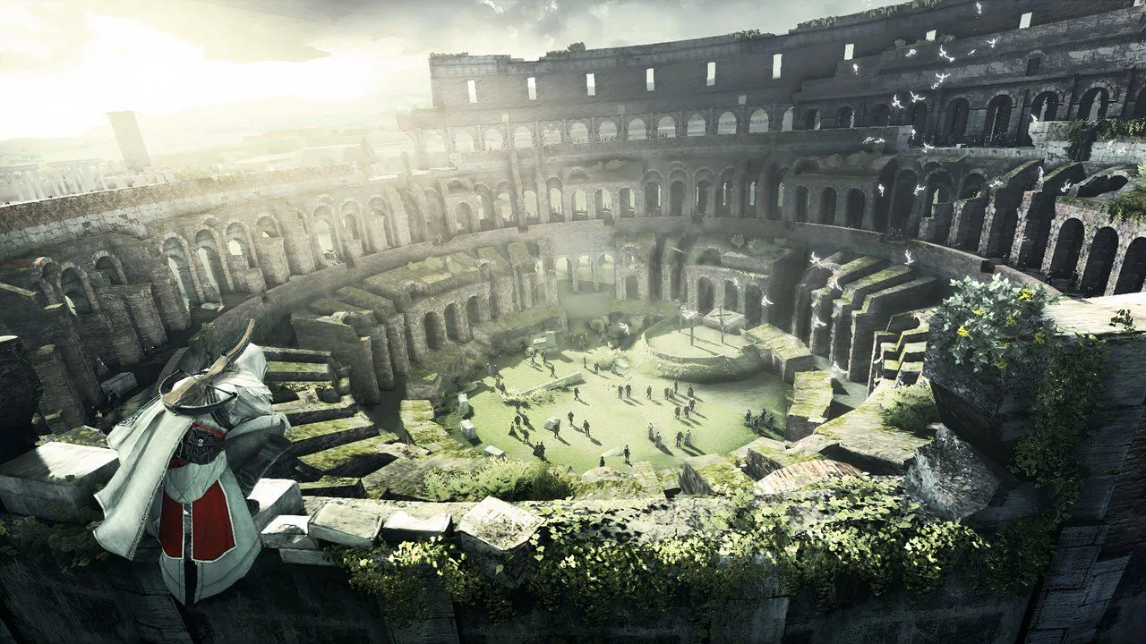 Một cảnh trong game Assassin's Creed Brotherhood, với nhân vật chính đang đứng trên nóc một tòa nhà lịch sử tại Rome, cho thấy kiến trúc thời Phục hưng được tái hiện chi tiết.