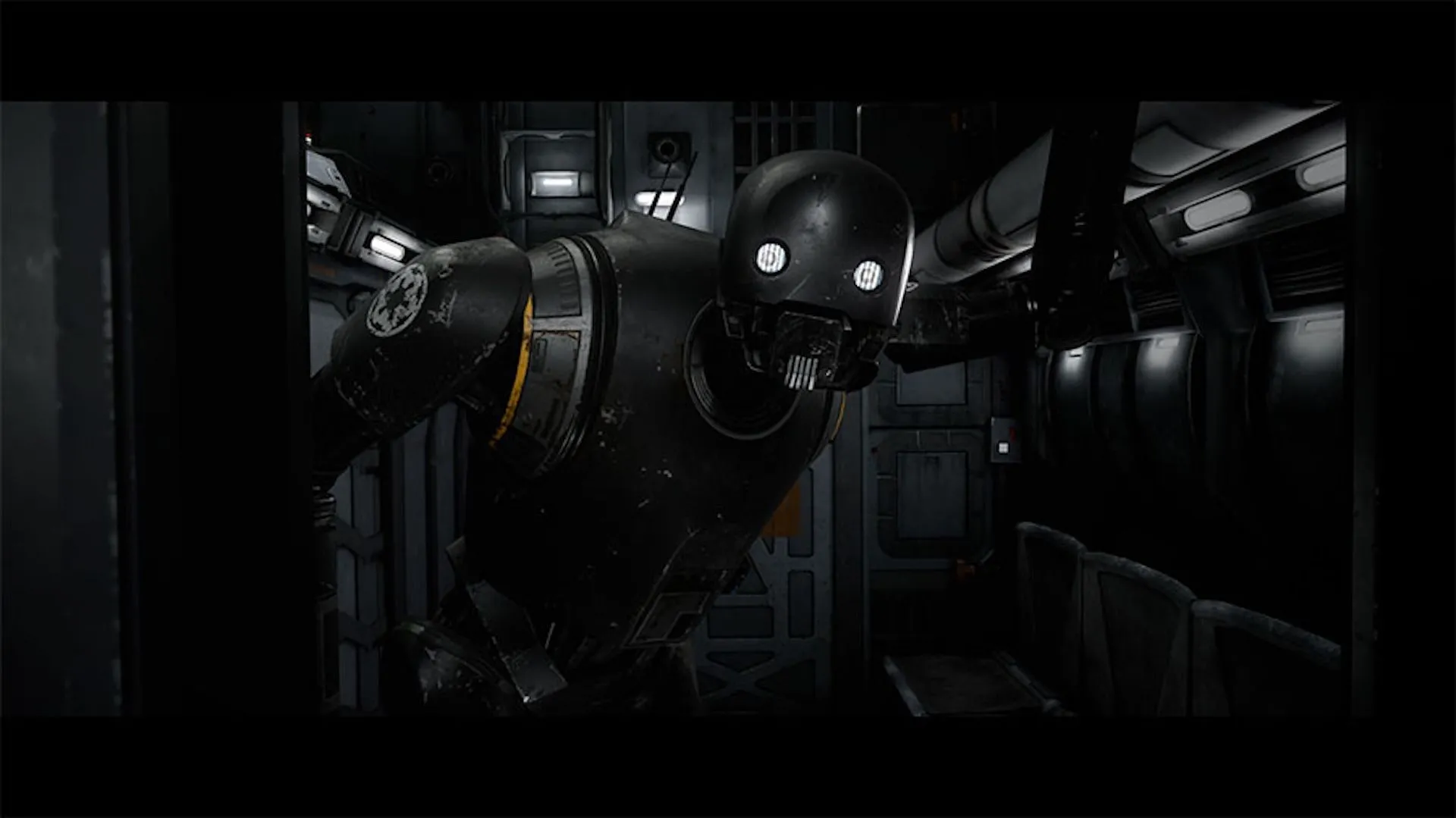 Một droid khổng lồ nhìn chằm chằm vào người chơi VR trong trải nghiệm nhập vai Star Wars: Secrets of the Empire.