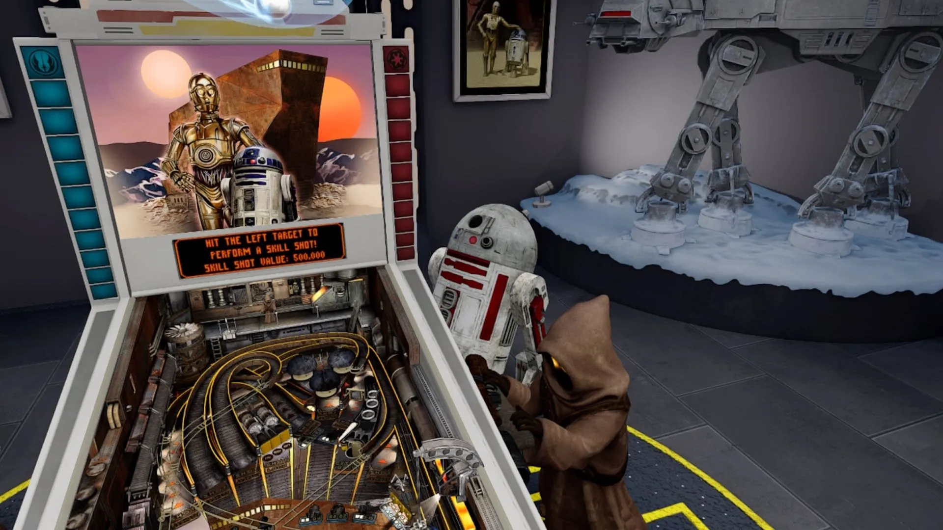 Một droid và Jawa đứng cạnh bàn pinball sống động trong môi trường thực tế ảo của Star Wars Pinball VR.