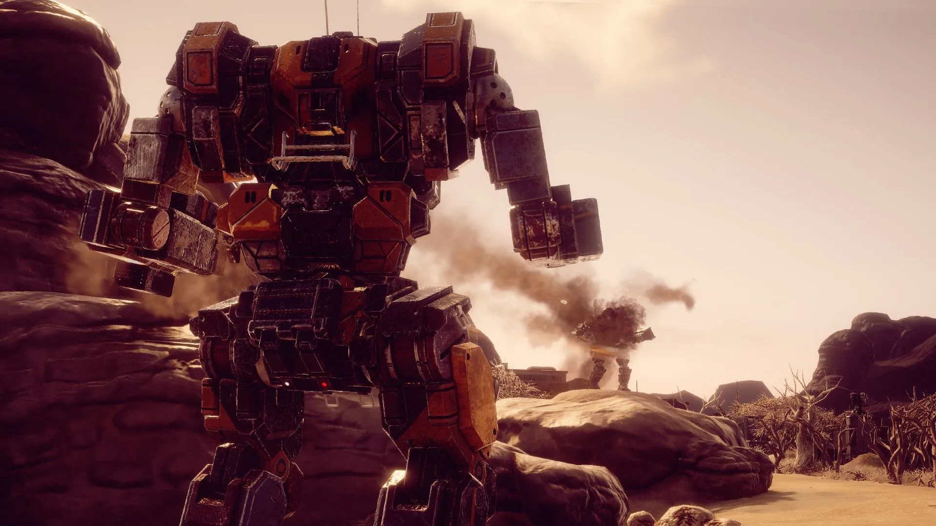 Một mech đang khai hỏa tên lửa vào kẻ thù trong tựa game chiến thuật Battletech.