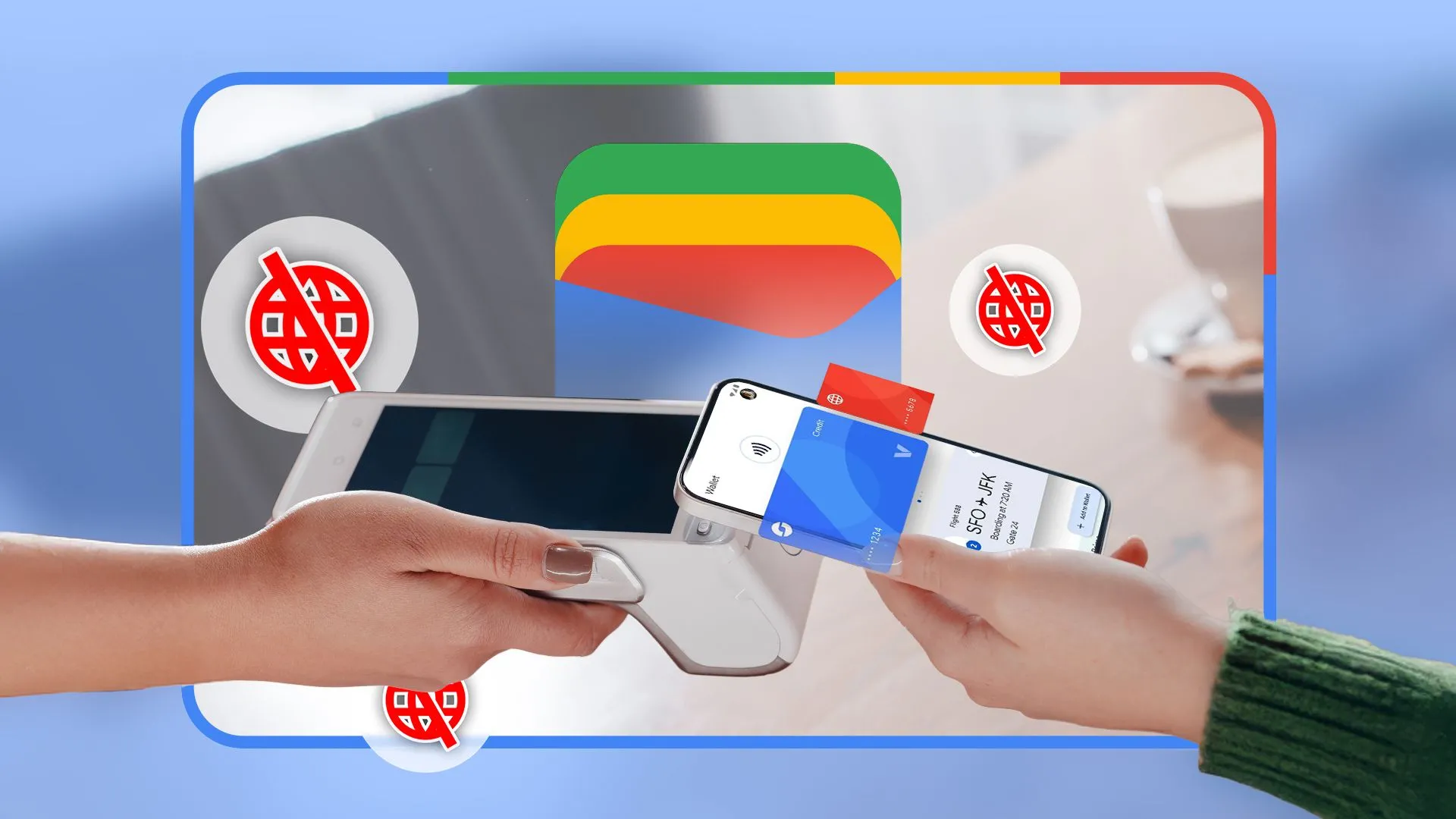 Một người dùng đang thực hiện thanh toán không tiếp xúc qua điện thoại bằng NFC tại máy POS, với logo Google Wallet phía sau, minh họa sự tiện lợi của ví kỹ thuật số.