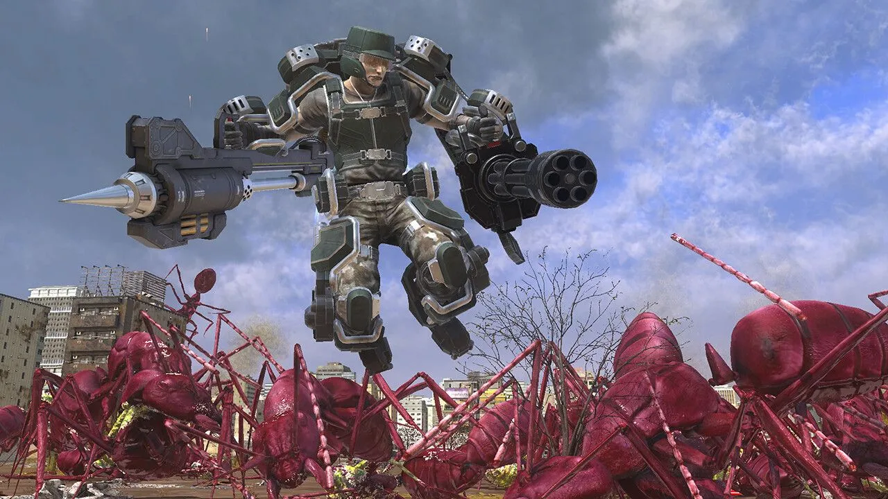 Một người lính đang chiến đấu với đội quân kiến khổng lồ trong game Earth Defense Force 6, một tựa game kusoge thành công.