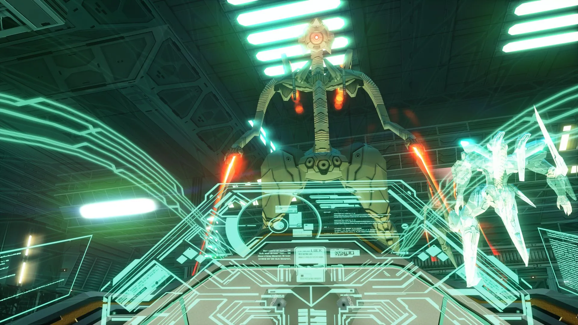 Một robot kẻ thù lù lù xuất hiện trước buồng lái của người chơi trong game Zone of the Enders The 2nd Runner.