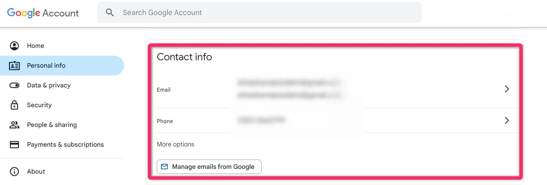 Mục Thông tin liên hệ trong cài đặt tài khoản Google