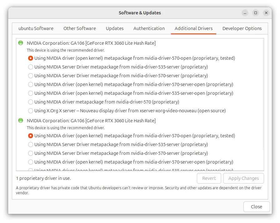 Mục trình điều khiển phần cứng trong Ubuntu Software &amp; Updates, cho phép quản lý các driver.