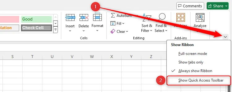 Mũi tên xuống trên thanh Ribbon của Excel hiển thị tùy chọn "Show Quick Access Toolbar" để bật QAT.