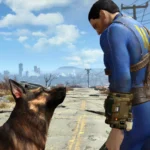 Nate nhìn Dogmeat trên đường trong Fallout 4