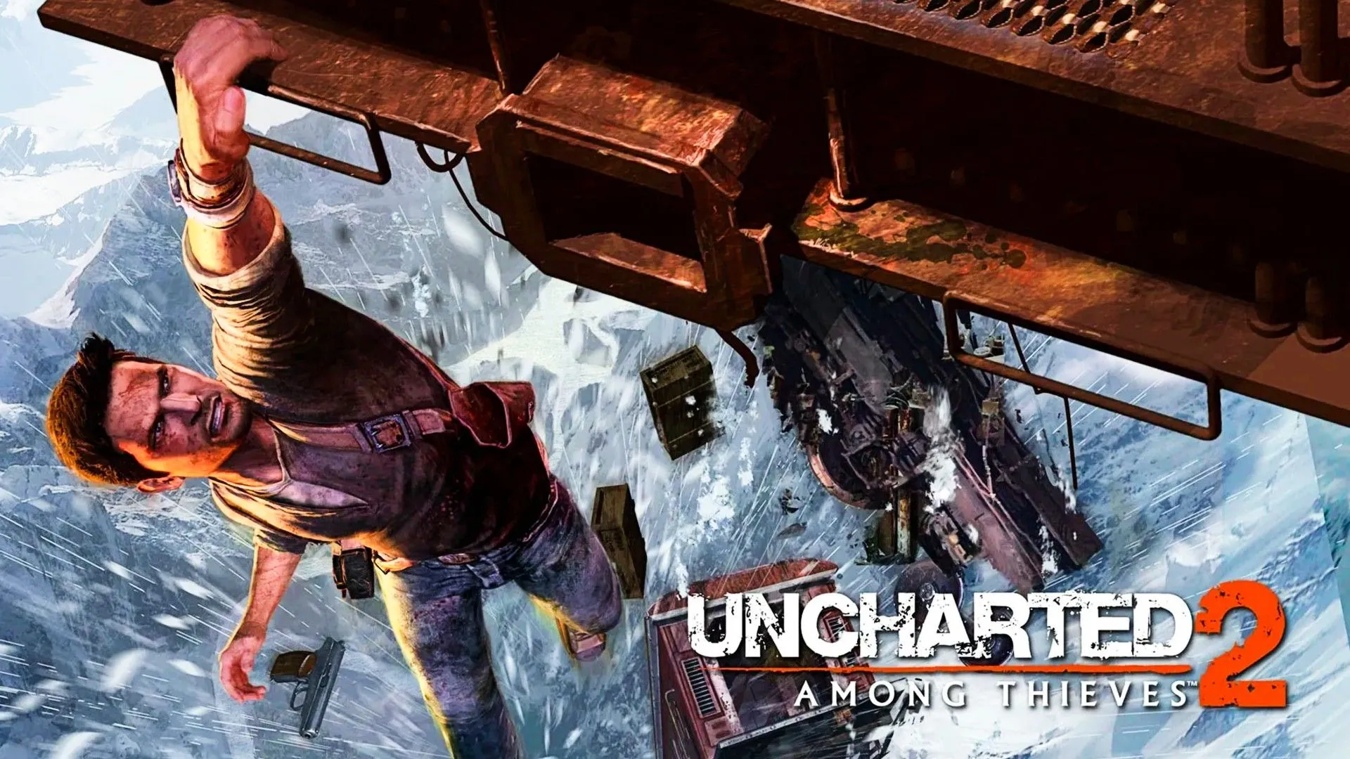 Nathan Drake đang bám vào một đoàn tàu gần vách đá đóng băng trong Uncharted 2 Among Thieves.