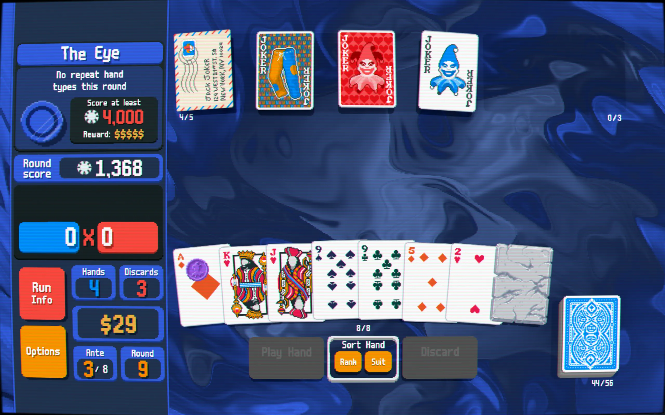 Người chơi Balatro đối mặt với The Eye, một trong những boss thách thức của game, thể hiện yếu tố rogue-like.