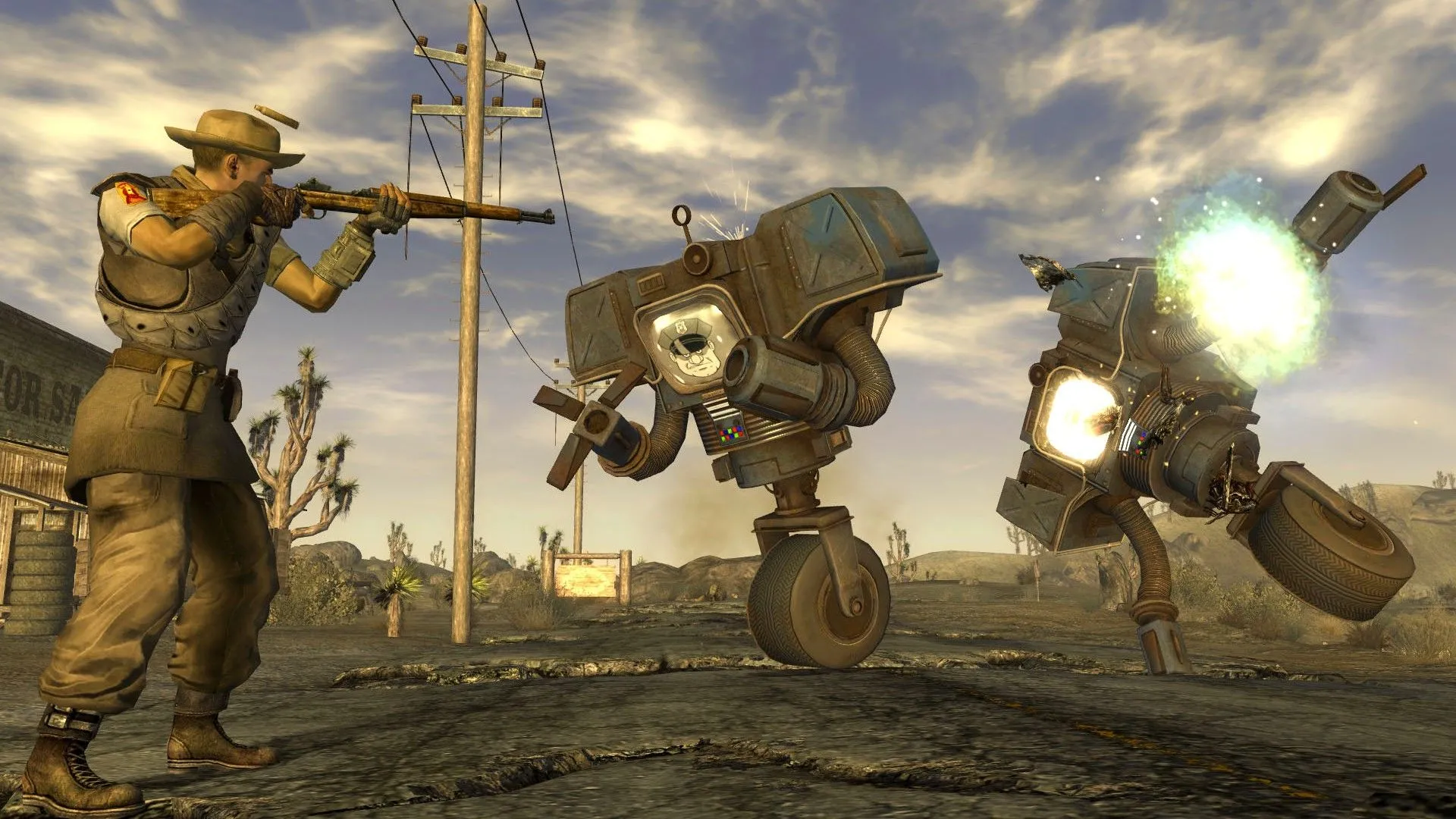 Người chơi bắn Securitons trong Fallout New Vegas