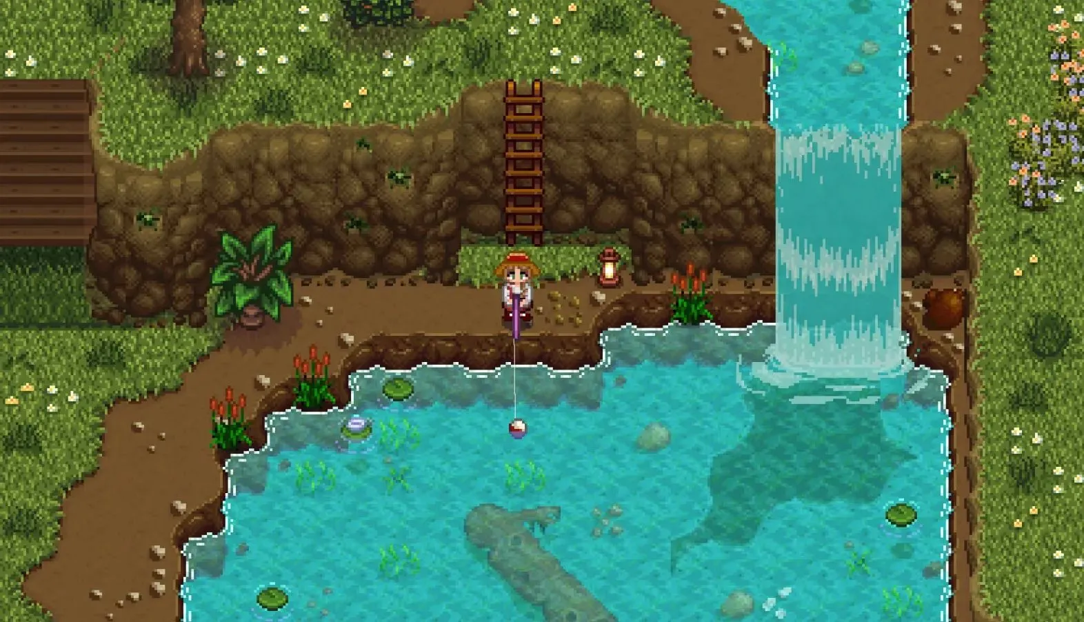 Người chơi câu cá trên núi trong Stardew Valley với bảng màu tự nhiên hơn từ DaisyNiko's Earthy Recolour mod.