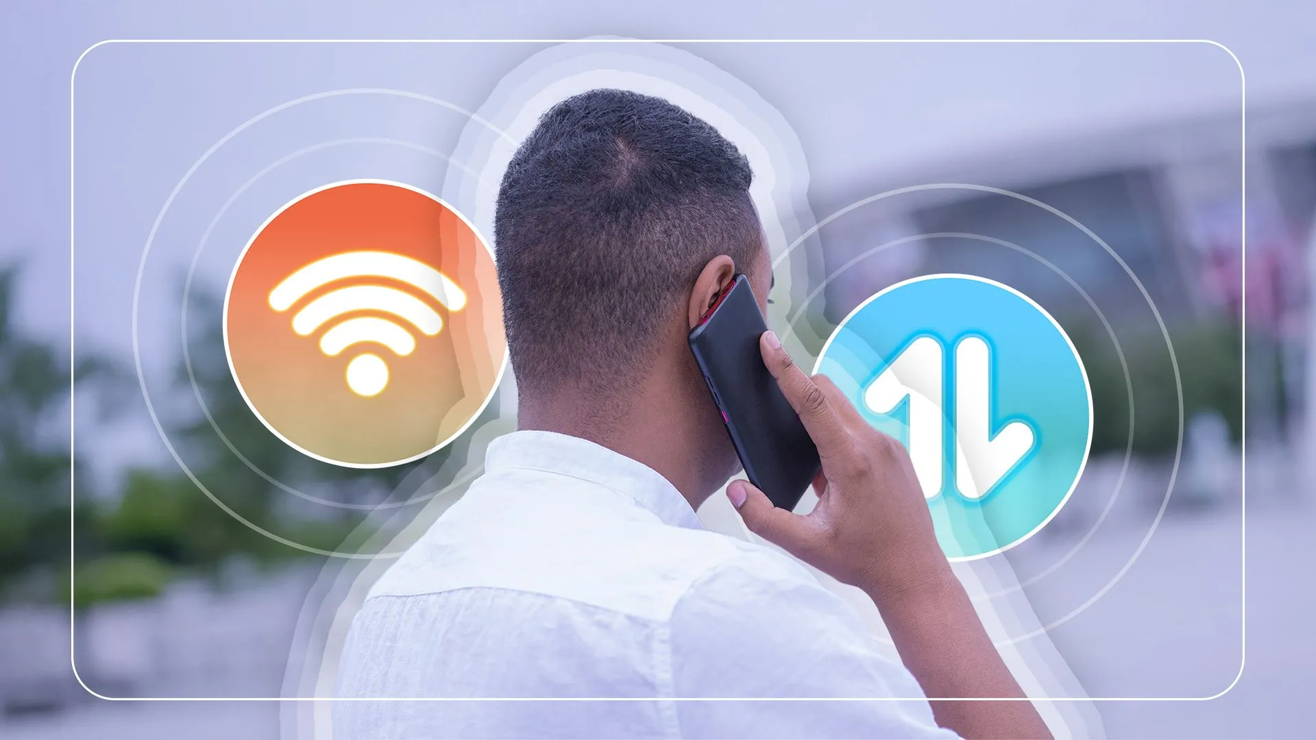 Người đàn ông đang nghe điện thoại, bên cạnh là biểu tượng Wi-Fi và dữ liệu di động, tượng trưng cho sự linh hoạt và an tâm khi có kết nối không giới hạn