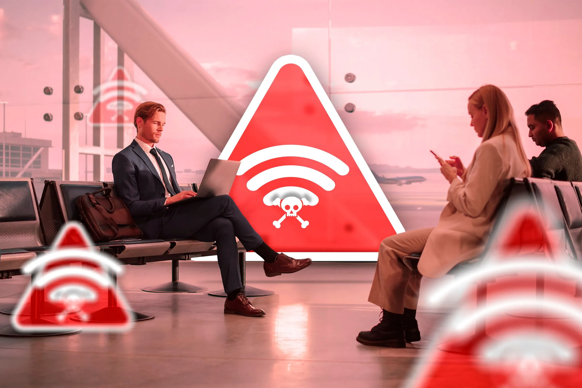 Người dùng kết nối Wi-Fi công cộng tại sân bay với biểu tượng cảnh báo nguy cơ bảo mật