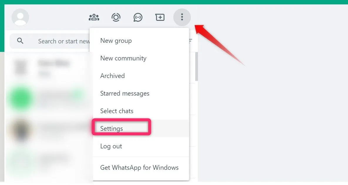 Người dùng nhấp vào biểu tượng ba chấm để mở Cài đặt trên WhatsApp Web.