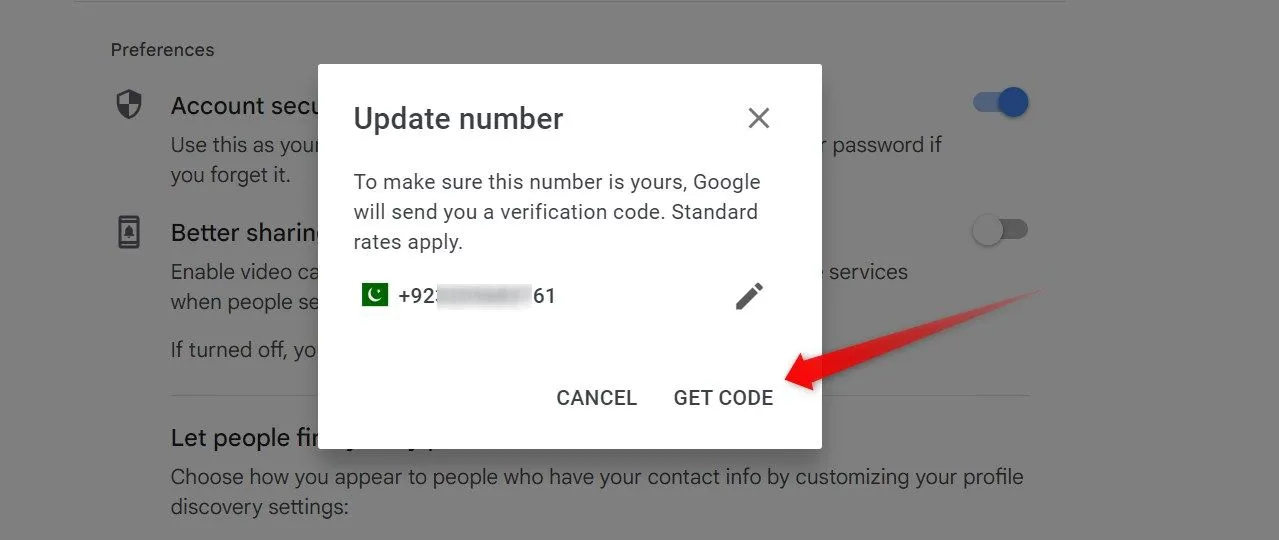 Nhận mã xác minh để hoàn tất việc cập nhật số điện thoại khôi phục Google