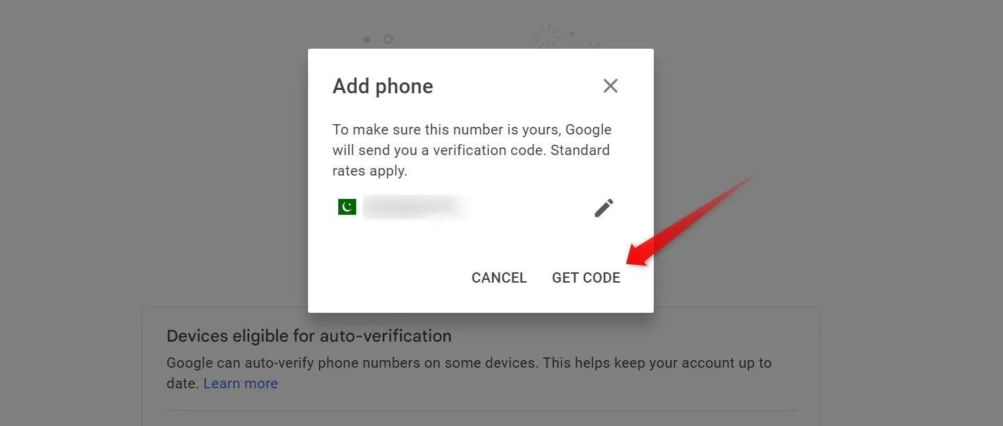 Nhấn &quot;Nhận mã&quot; để Google gửi mã xác minh số điện thoại