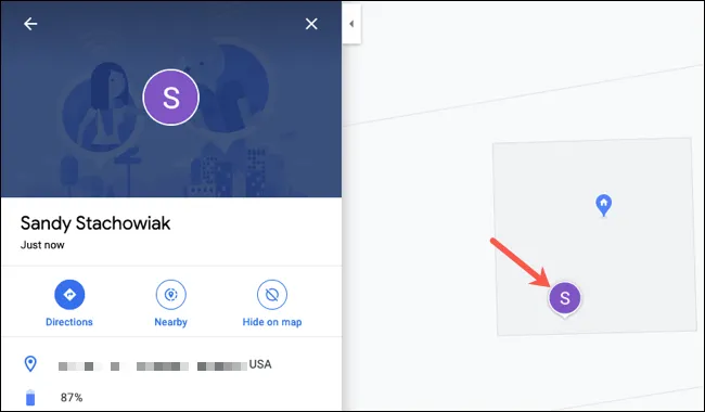 Nhấn vào một liên hệ trên Google Maps phiên bản web để hiển thị vị trí của họ.