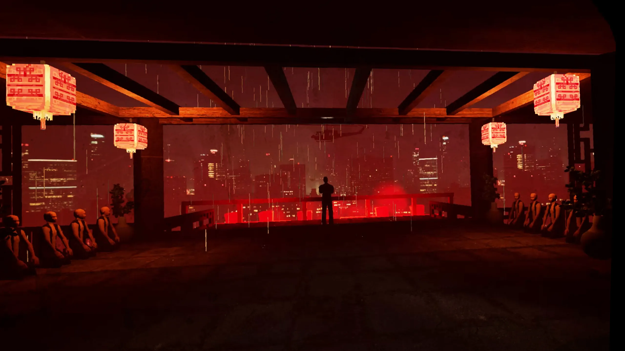 Nhân vật chính chiến đấu trên sân thượng trong Path of Fury với phông nền đỏ rực