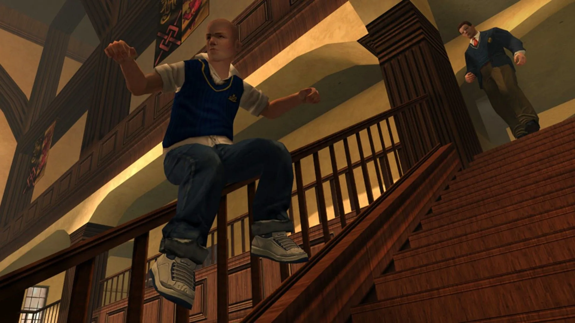 Nhân vật Jimmy Hopkins trượt trên lan can tại học viện Bullworth trong game Bully, thể hiện không khí học đường độc đáo của trò chơi