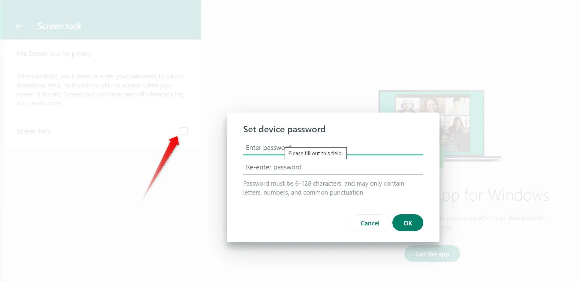 Nhập mật khẩu mới và xác nhận để kích hoạt tính năng khóa màn hình cho WhatsApp Web, giúp bảo vệ tin nhắn.