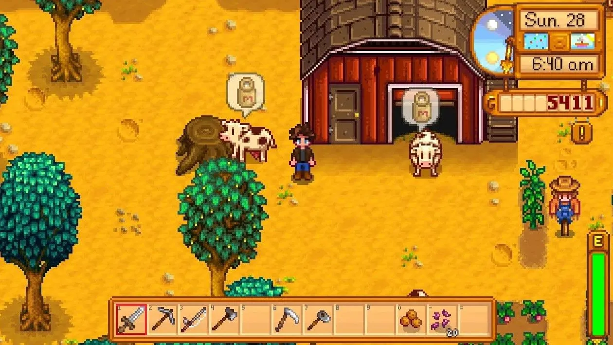 Những con bò trên nông trại Stardew Valley có chỉ báo trên đầu, cho biết chúng cần được chăm sóc hoặc sẵn sàng vắt sữa với Better Ranching mod.