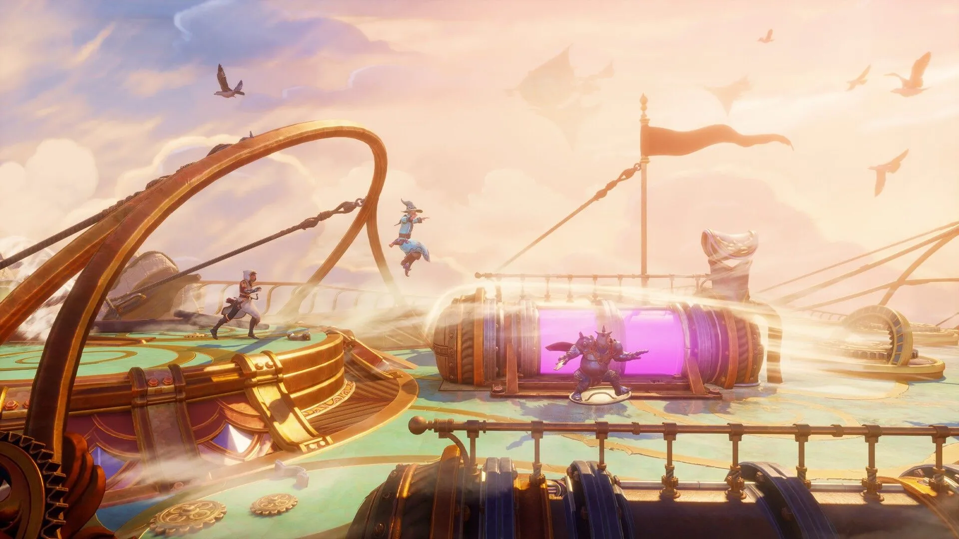Những người chơi đang chạy sang phải trong Trine 5 A Clockwork Conspiracy.