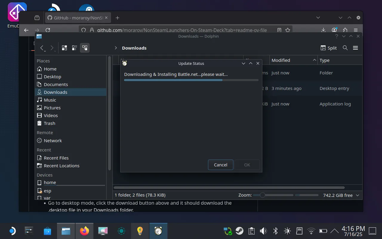 NonSteamLaunchers đang tải xuống và cài đặt Battle.net client trên Steam Deck