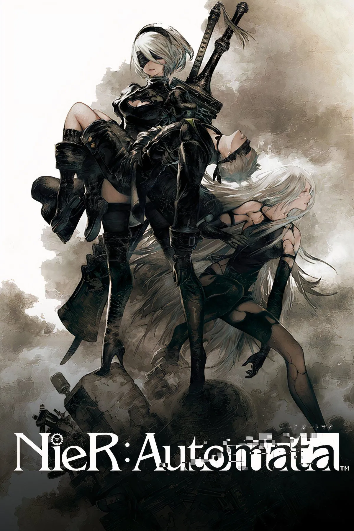 Nữ chiến binh Android 2B từ NieR Automata đứng trước cảnh quan đổ nát