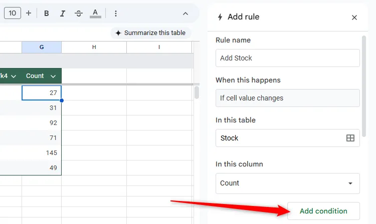 Nút &quot;Add Condition&quot; được chọn trong bảng điều khiển thông báo có điều kiện của Google Sheets.