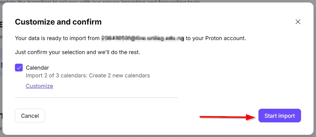 Nút &quot;Bắt đầu nhập&quot; để khởi động quá trình chuyển lịch Outlook sang Proton