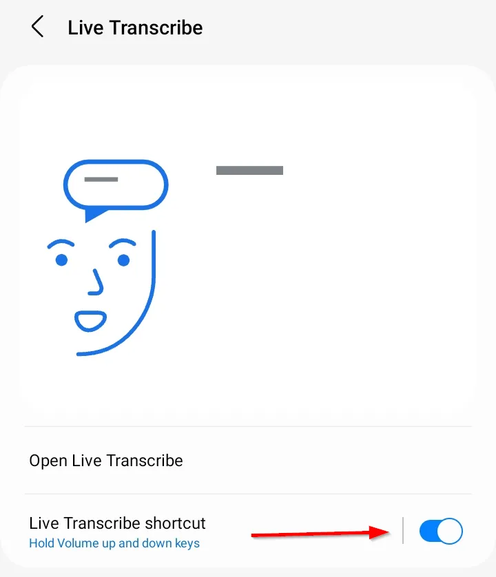 Nút bật/tắt &quot;Phím tắt Live Transcribe&quot; được hiển thị, cho phép kích hoạt và tùy chỉnh lối tắt nhanh