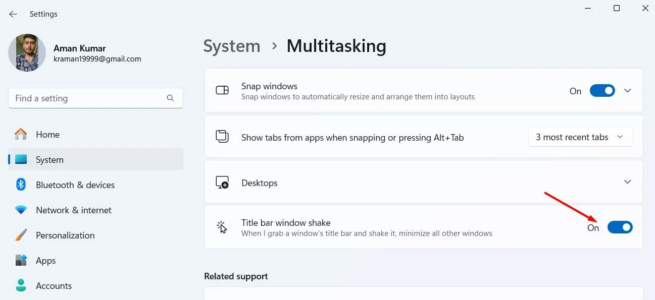 Nút bật/tắt tính năng &quot;Title Bar Window Shake&quot; trong cài đặt Đa nhiệm của Windows 11.