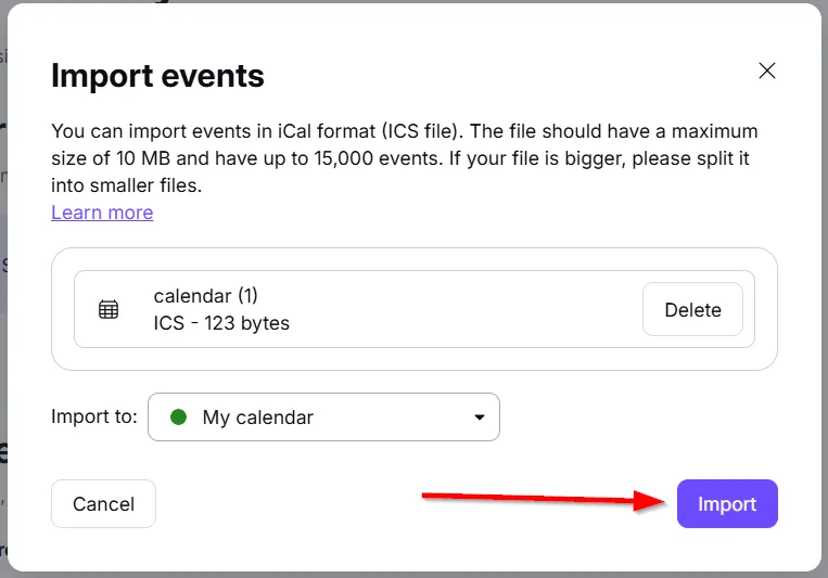 Nút &quot;Nhập&quot; để hoàn tất quá trình chuyển sự kiện từ file ICS vào Proton Calendar