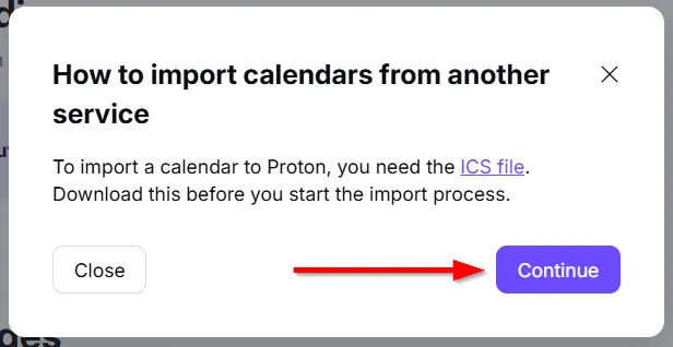 Nút &quot;Tiếp tục&quot; để tiến hành nhập lịch vào Proton Calendar