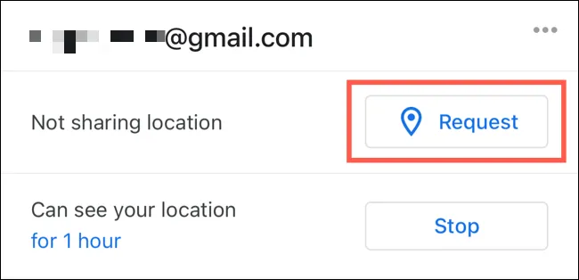 Nút &quot;Yêu cầu&quot; hiển thị khi bạn muốn yêu cầu liên hệ chia sẻ vị trí trên Google Maps.