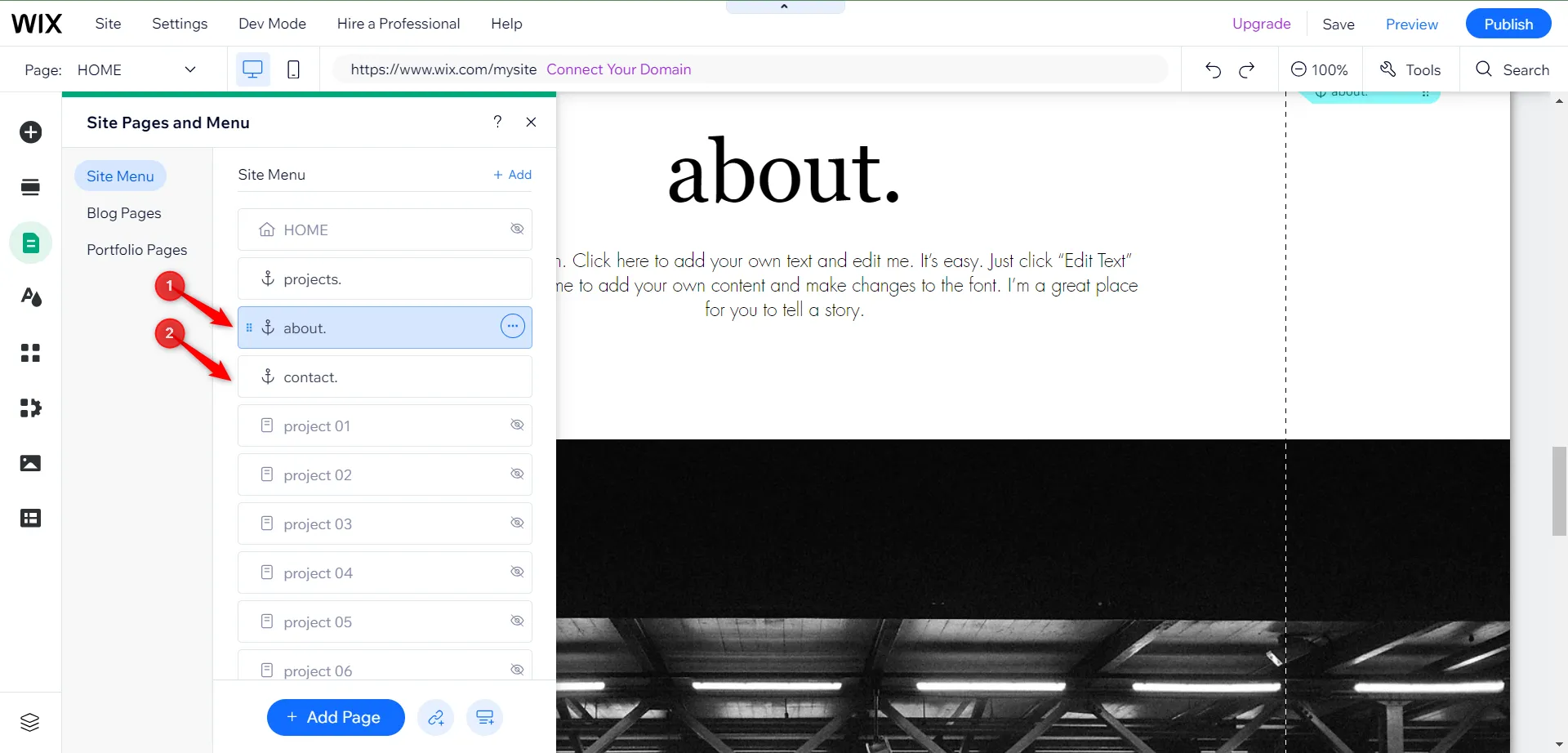Phần giới thiệu và liên hệ trên website Wix