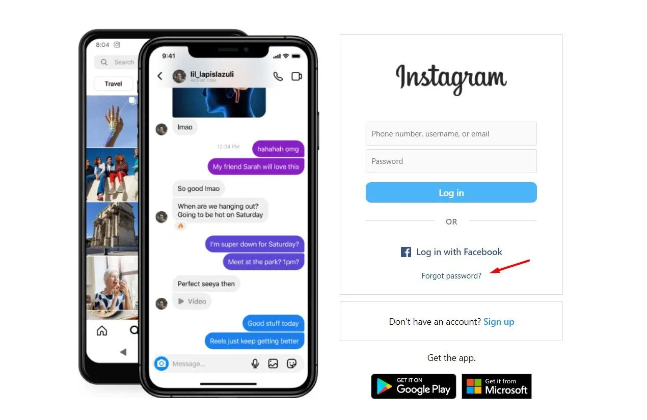 Quên mật khẩu Instagram trên giao diện đăng nhập máy tính