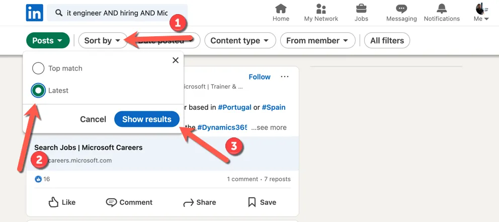 Sắp xếp kết quả tìm kiếm bài viết trên LinkedIn theo tùy chọn &quot;Mới nhất&quot;.