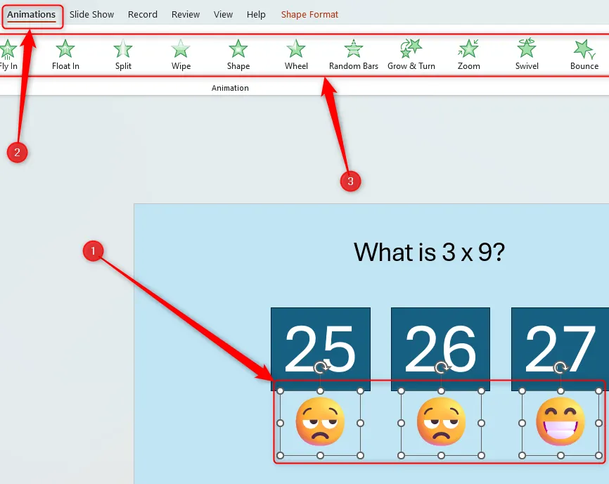 Slide PowerPoint với ba đối tượng được chọn và bảng Hoạt ảnh (Animations pane) đang mở.